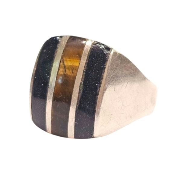 Vintage Men's Tiger Eye & Purple Goldstone Inlay Ring - Mexican Sterling Silver - Picture 1 of 4